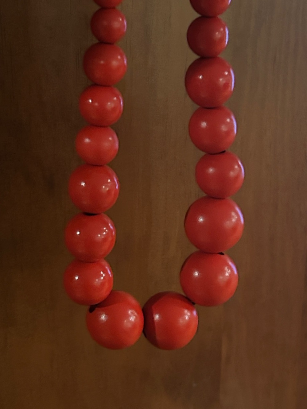 Vintage Tomato Red Wood Bold Beaded Necklace 14” Drop